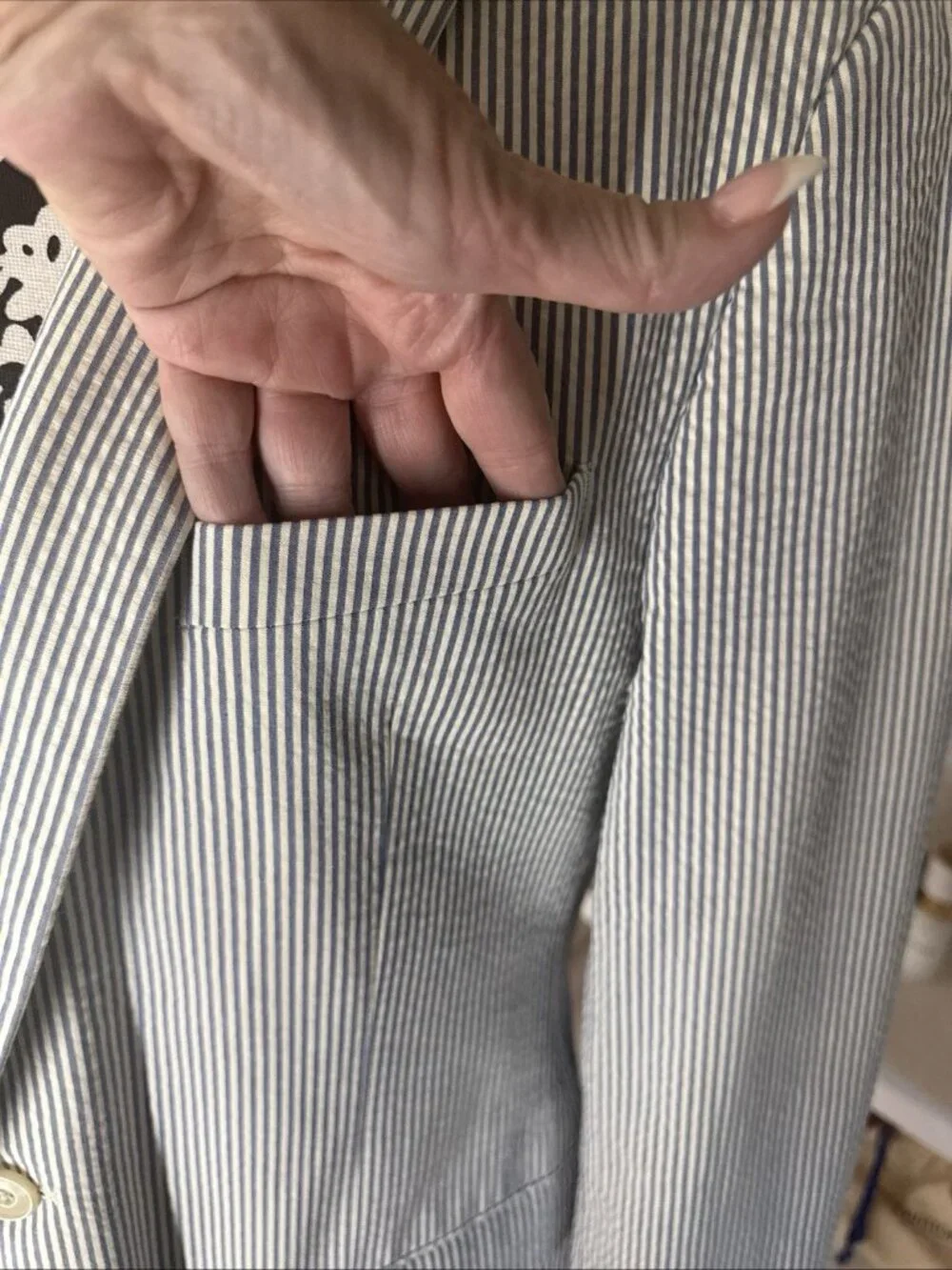 JoS A Bank Executive Seersucker Suit Men 48L 43W Pleated/Cuff Pant-Blue/White